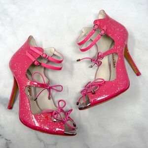 NEW Sophia Webster Finn Glitter Patent Leather Mary Jane Bow Sandal Heels Pink